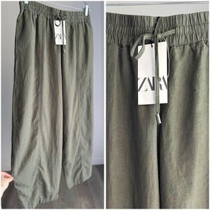 NWT ZARA BARREL LEG LINEN BLEND KNICKERBOCKER PANTS KHAKI GREEN LARGE
